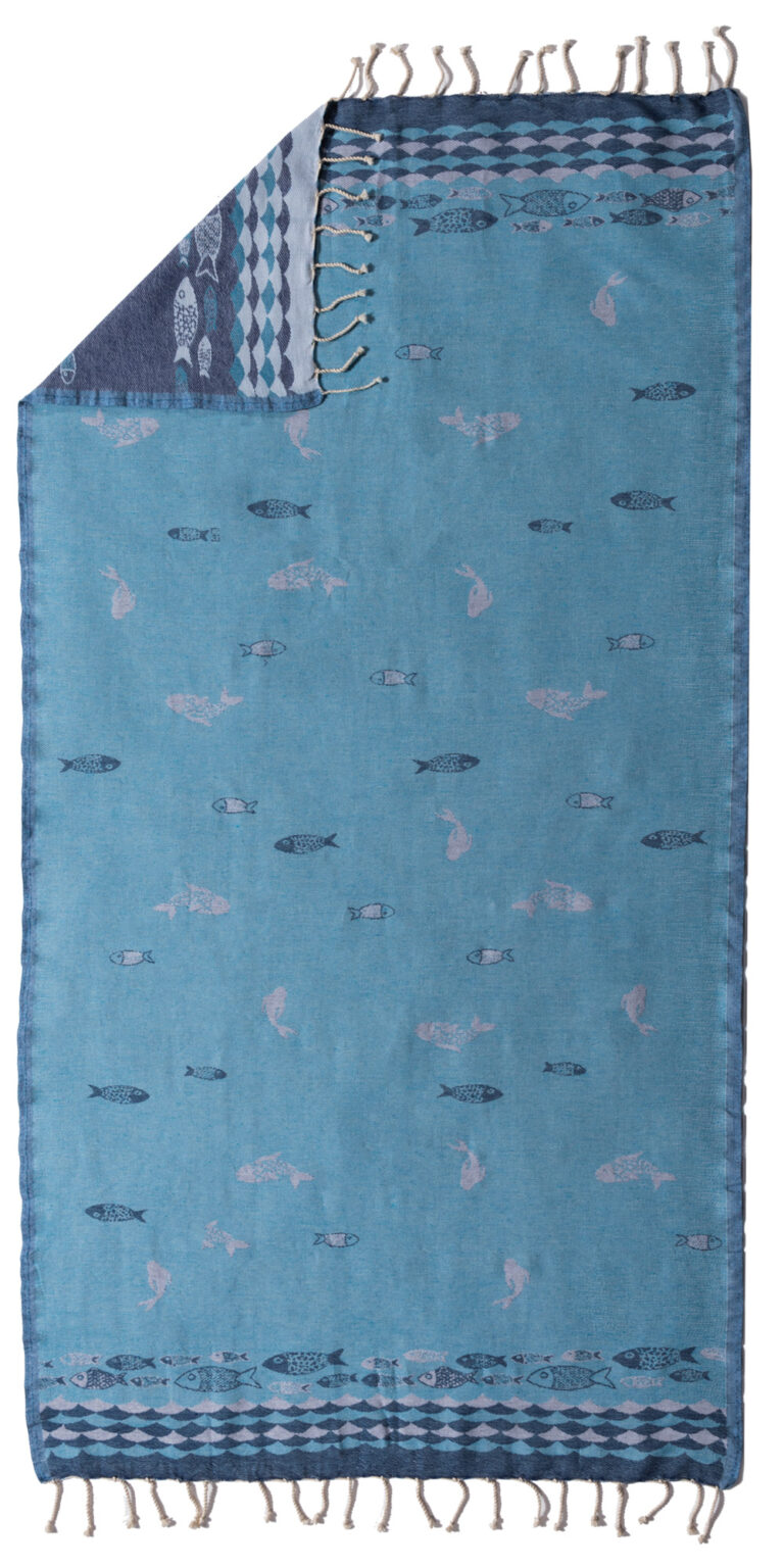 pink manta fouta towel fishes marine blue sky blue white